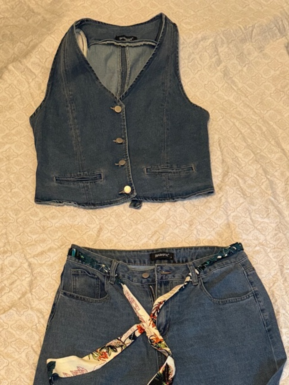 Allegra K Dark Blue Denim Wide-Leg Jeans with Matching Vest